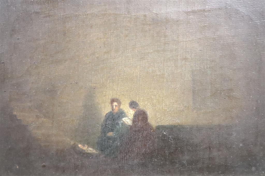 After Rembrandt, oil on canvas, Candlelit figures, 9 x 14cm